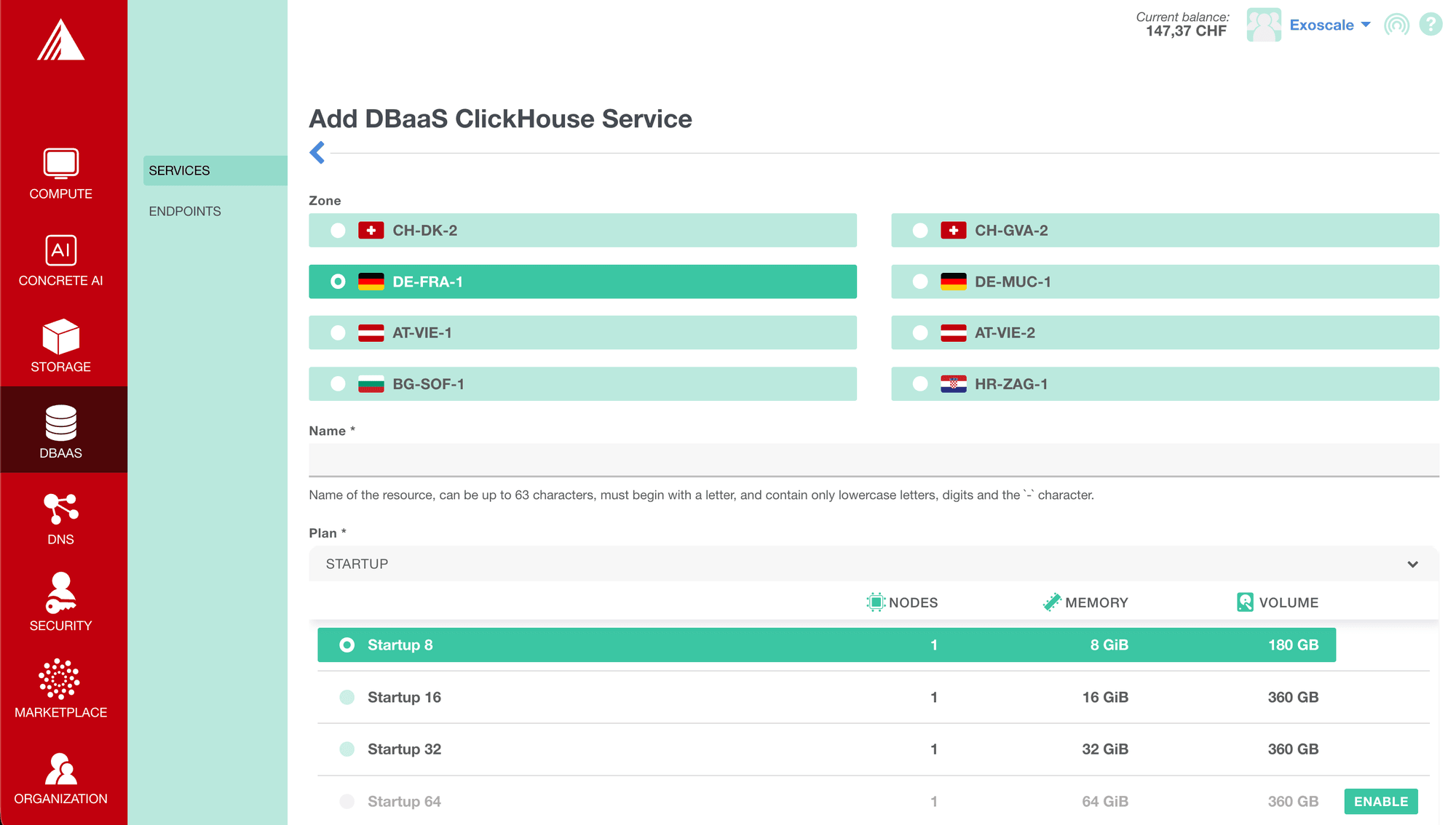 Creating a Managed ClickHouse service in the Exoscale Portal